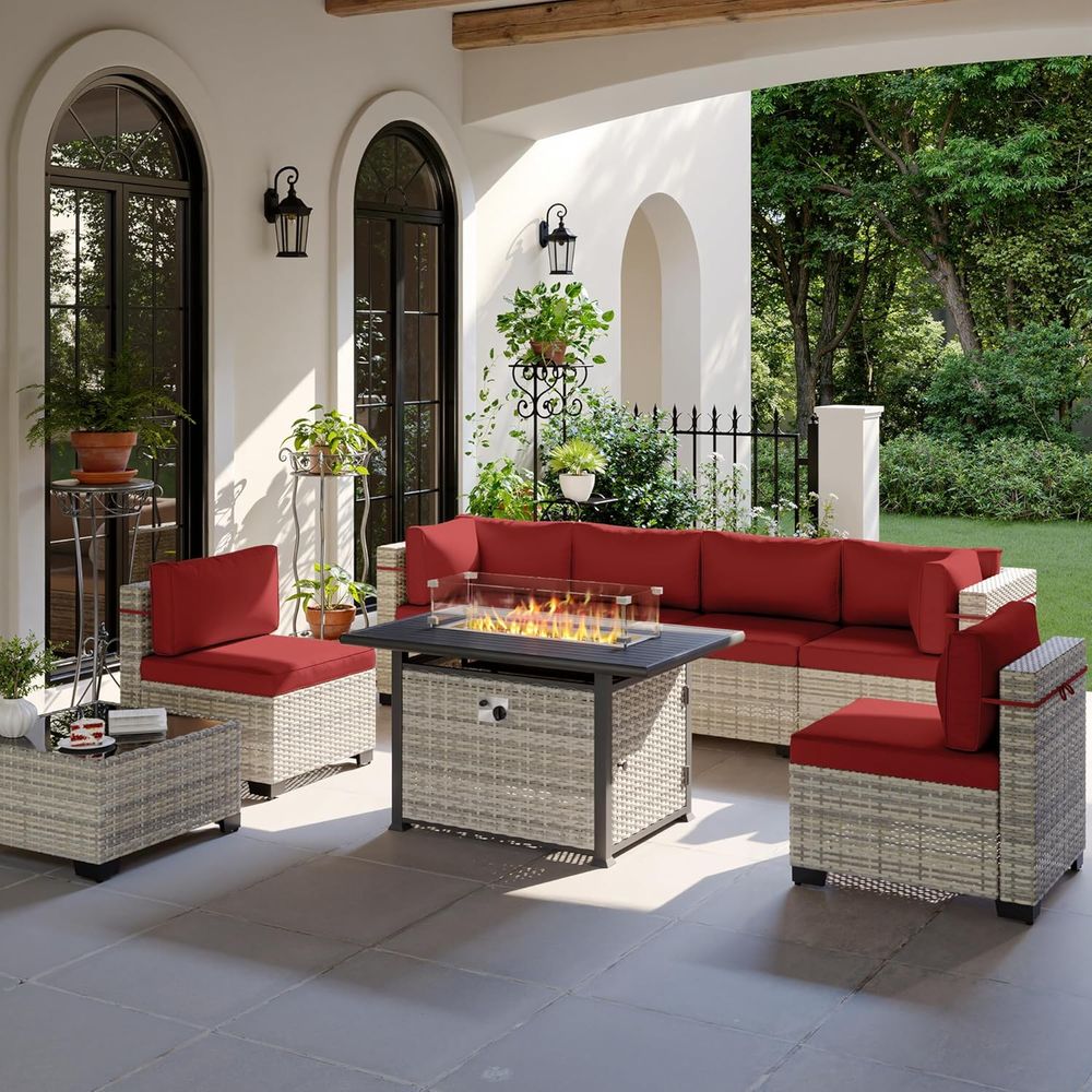 Outdoor Furniture Set With Fire Pit - 8-Piece Outdoor Patio Furniture Set with