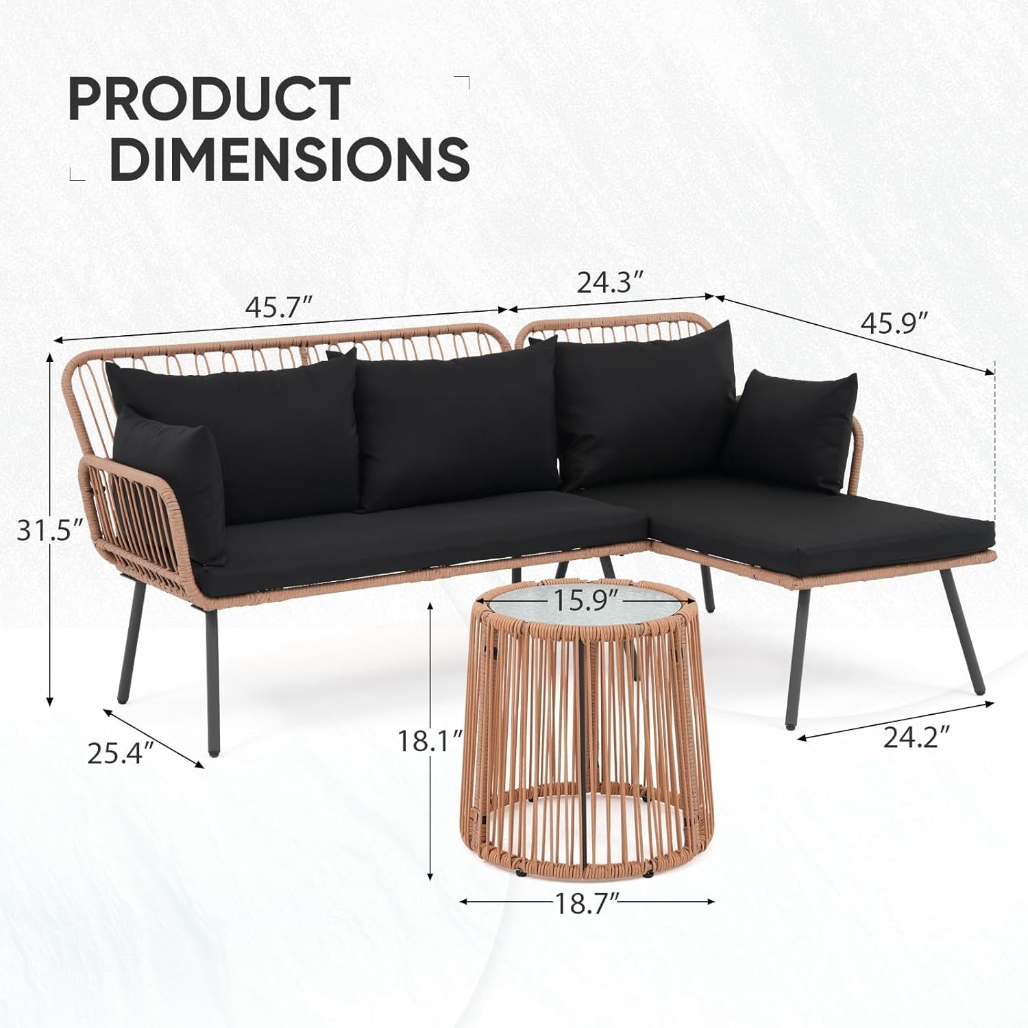 Outdoor Furniture Balcony - 3 Piece L Shaped Wicker Patio