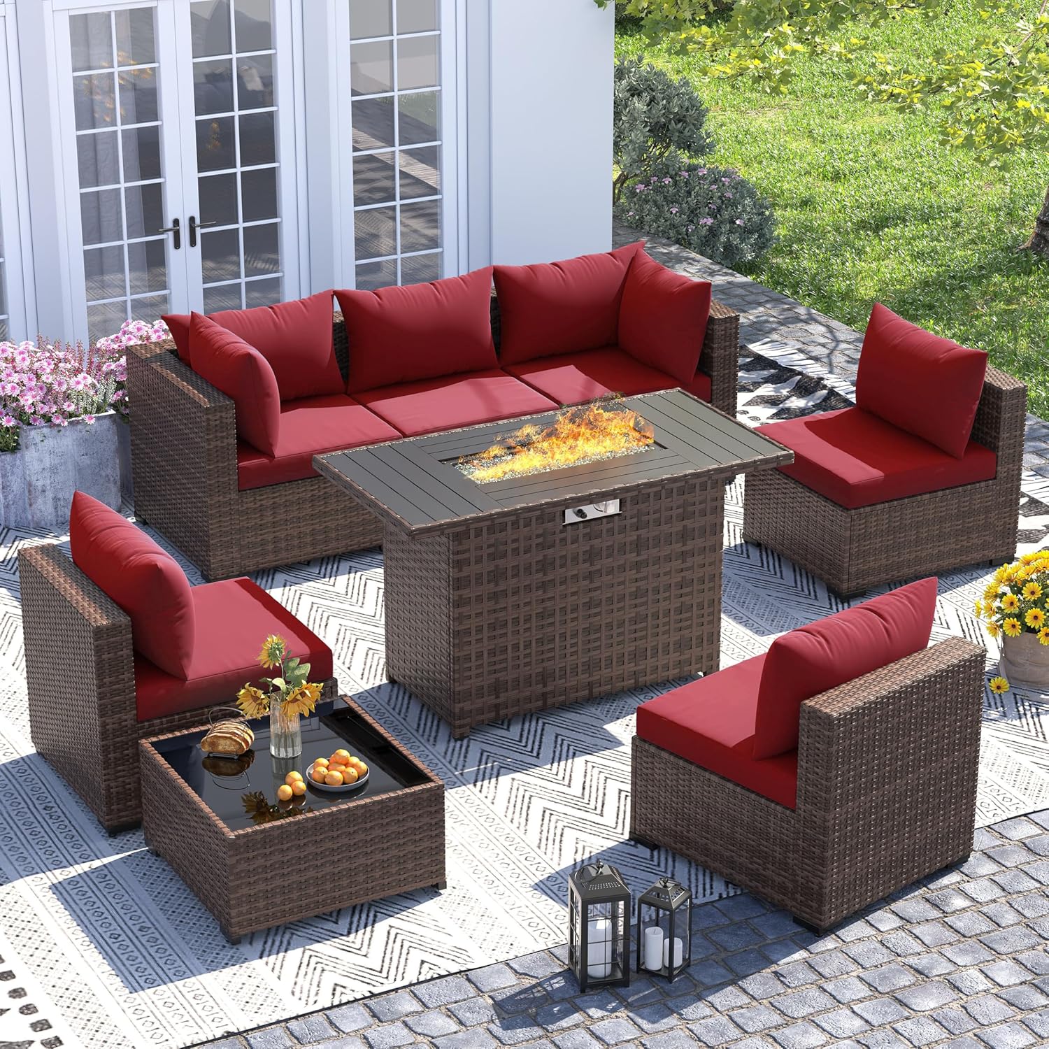 Outdoor Furniture Set With Fire Pit - 8pc All-Weather Wicker Sectional Sofa &