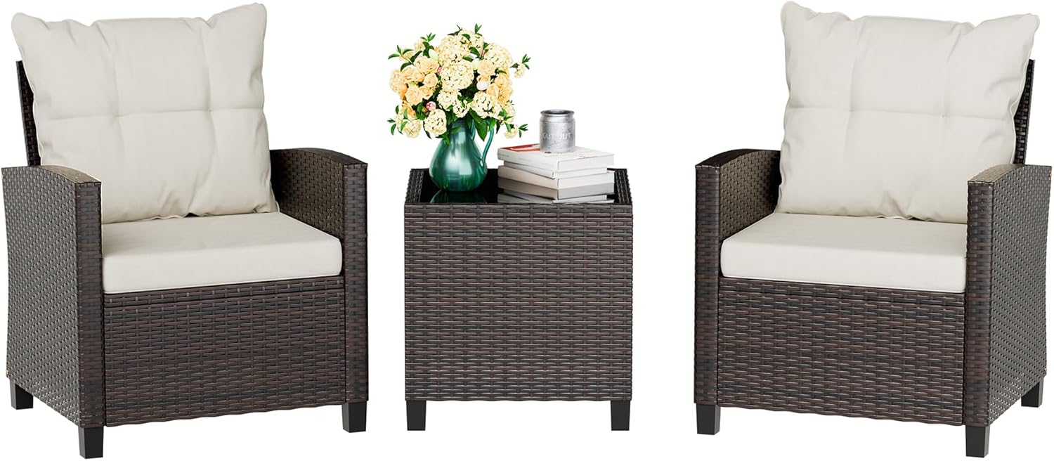 Outdoor Furniture Balcony - Beige compact 3-piece rattan wicker front