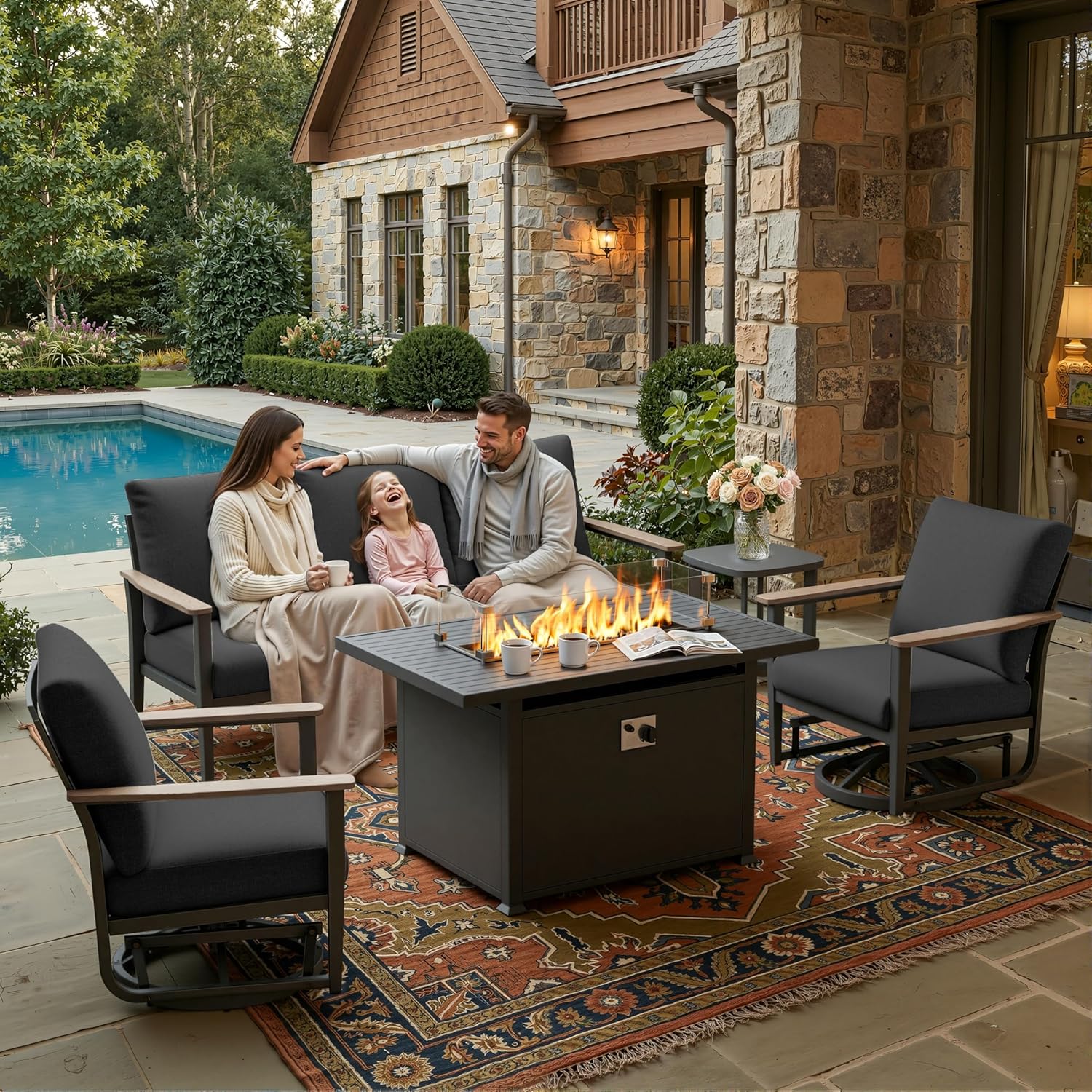 Outdoor Furniture Set With Fire Pit - 5pc Aluminum Patio Set Swivel Rockers