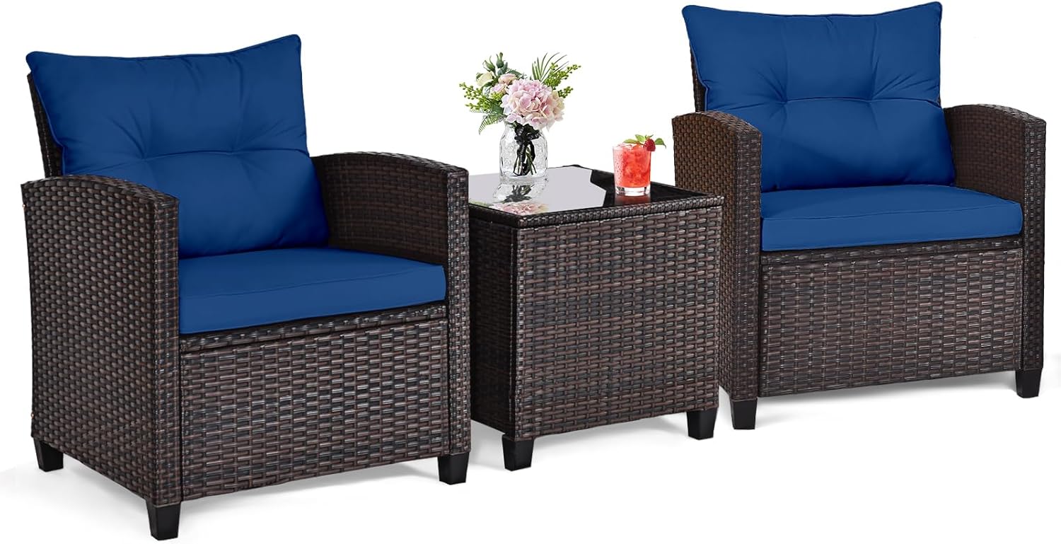Outdoor Furniture Balcony - Navy blue rattan wicker 3-piece outdoor