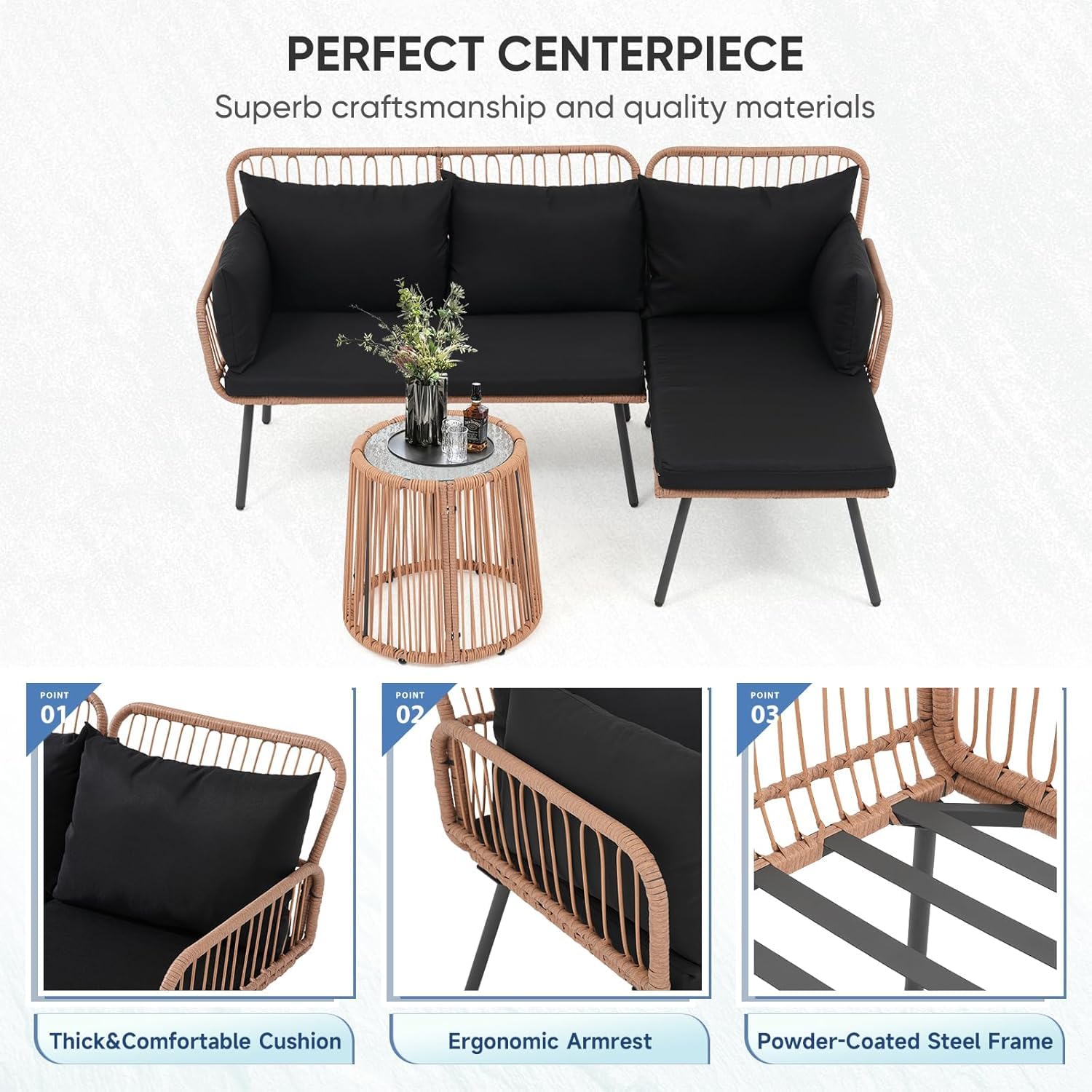 3 Piece L Shaped Wicker Patio  - Outdoor Furniture Balcony recension och pris