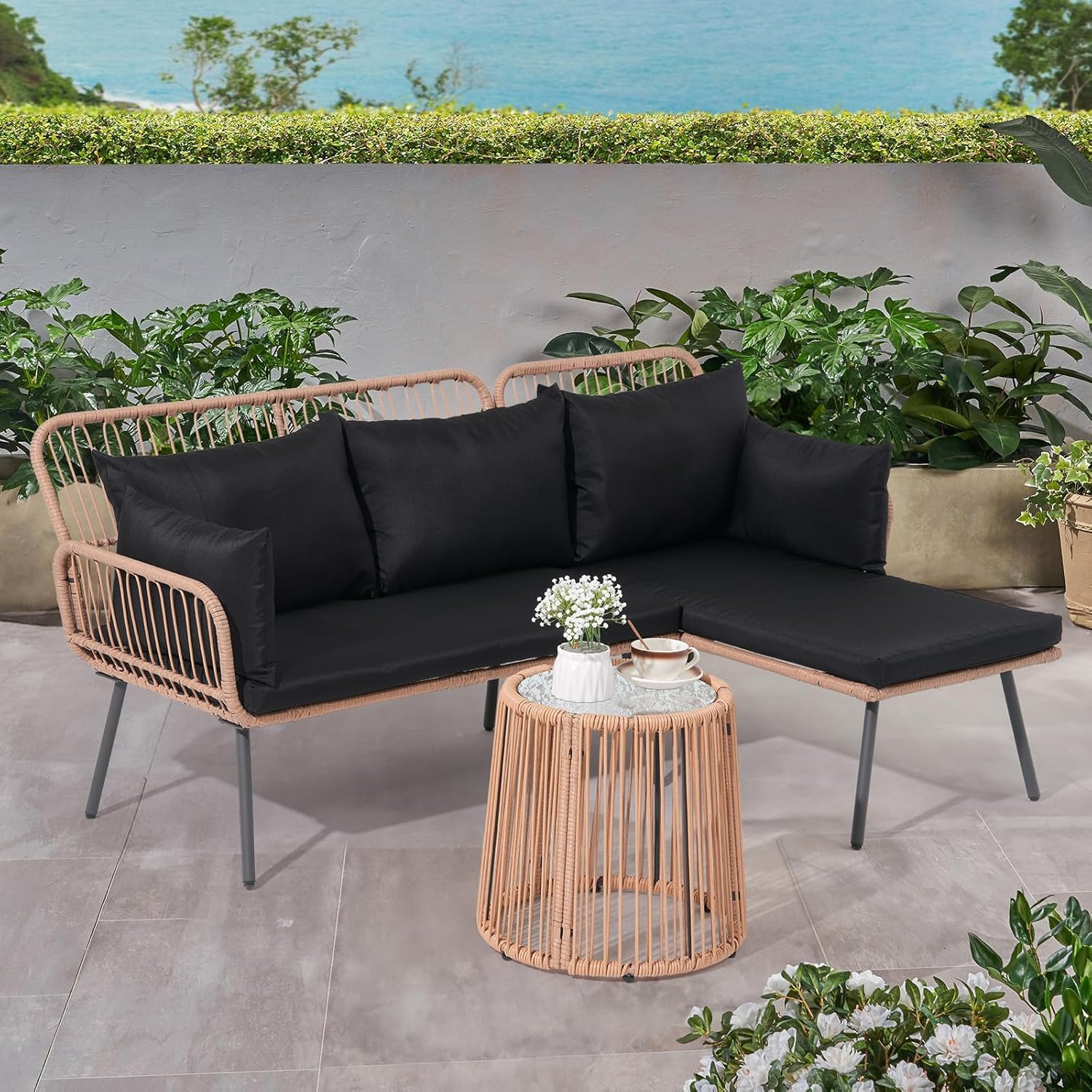 3 Piece L Shaped Wicker Patio  - Outdoor Furniture Balcony recension och pris