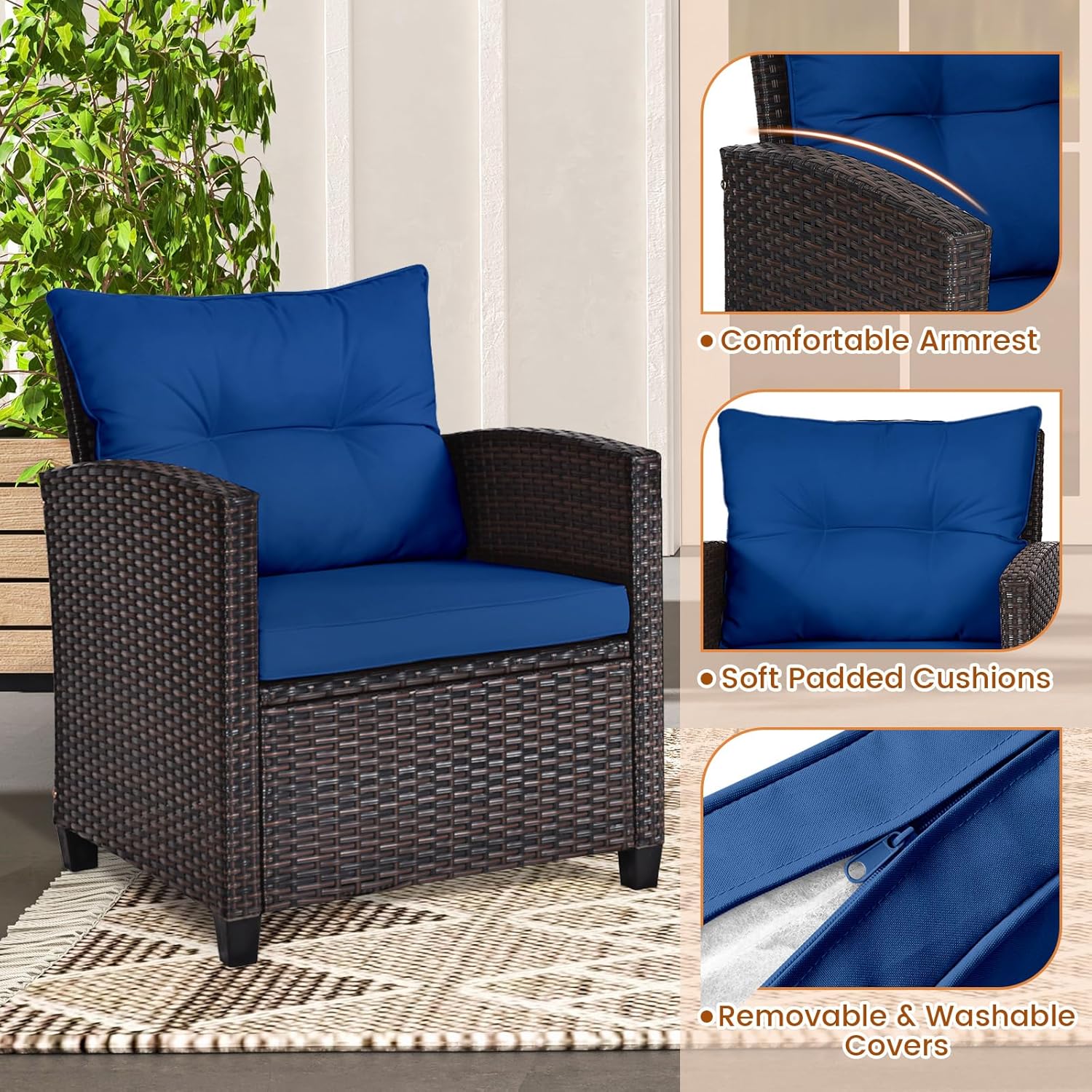 Navy blue rattan wicker 3-piec - Outdoor Furniture Balcony recension och pris
